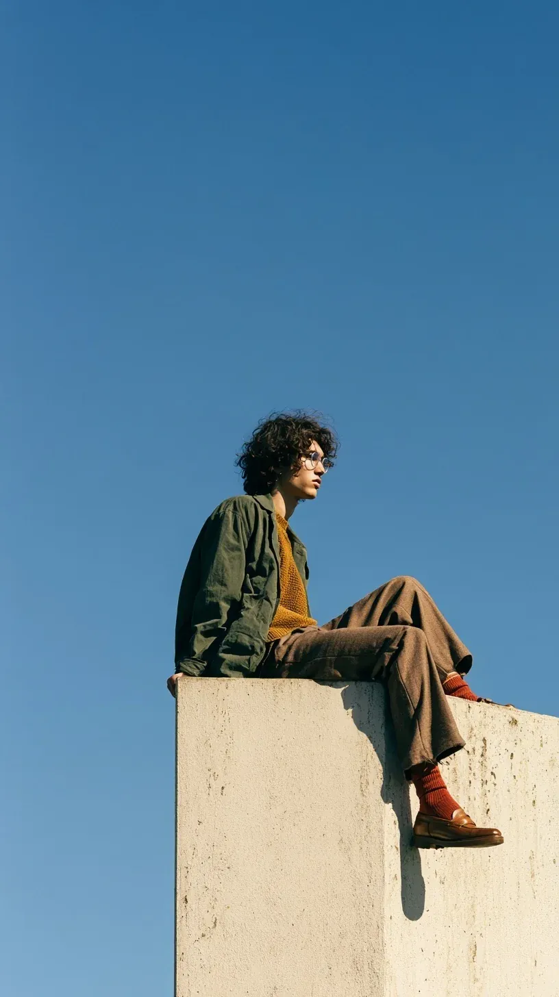 Curly-haired person sitting on a wall