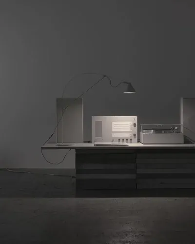 Minimal gray audio console setup