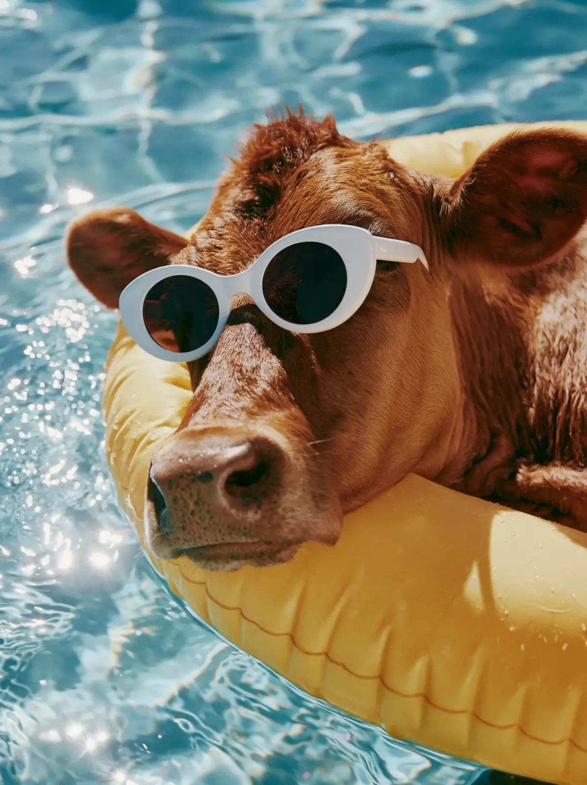 Cow wearing sunglasses in a pool