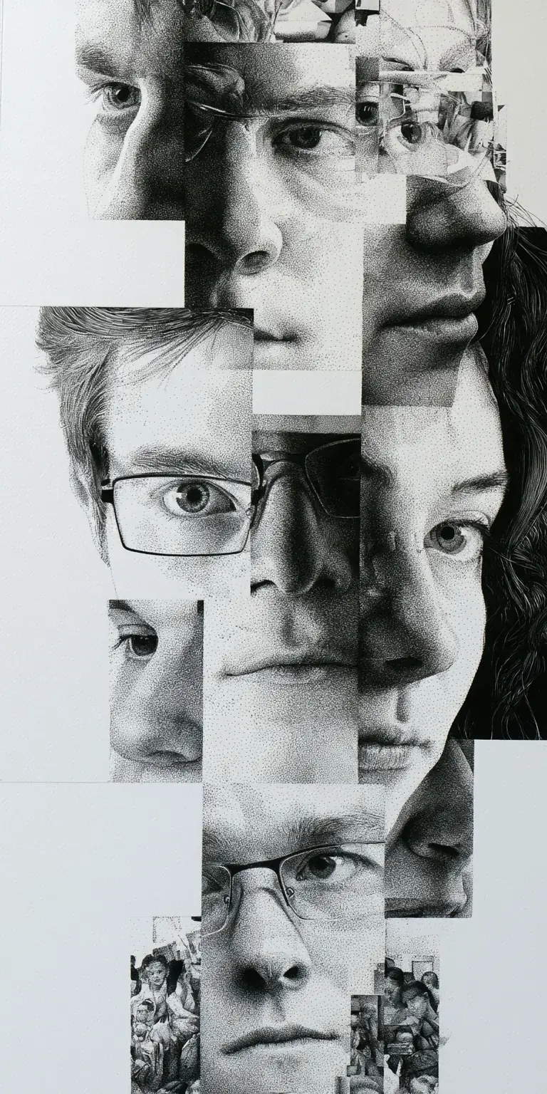 Black and white fragmented face collage