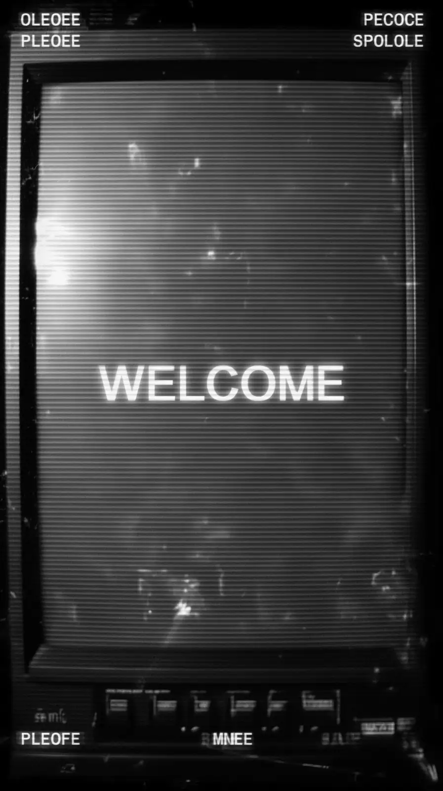 Glitchy monochrome welcome screen