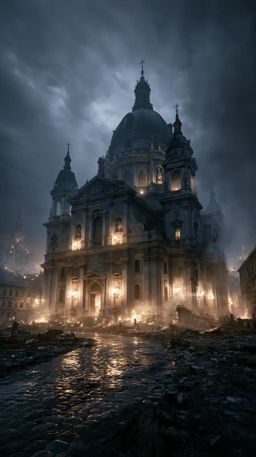 Dark cathedral in stormy rain