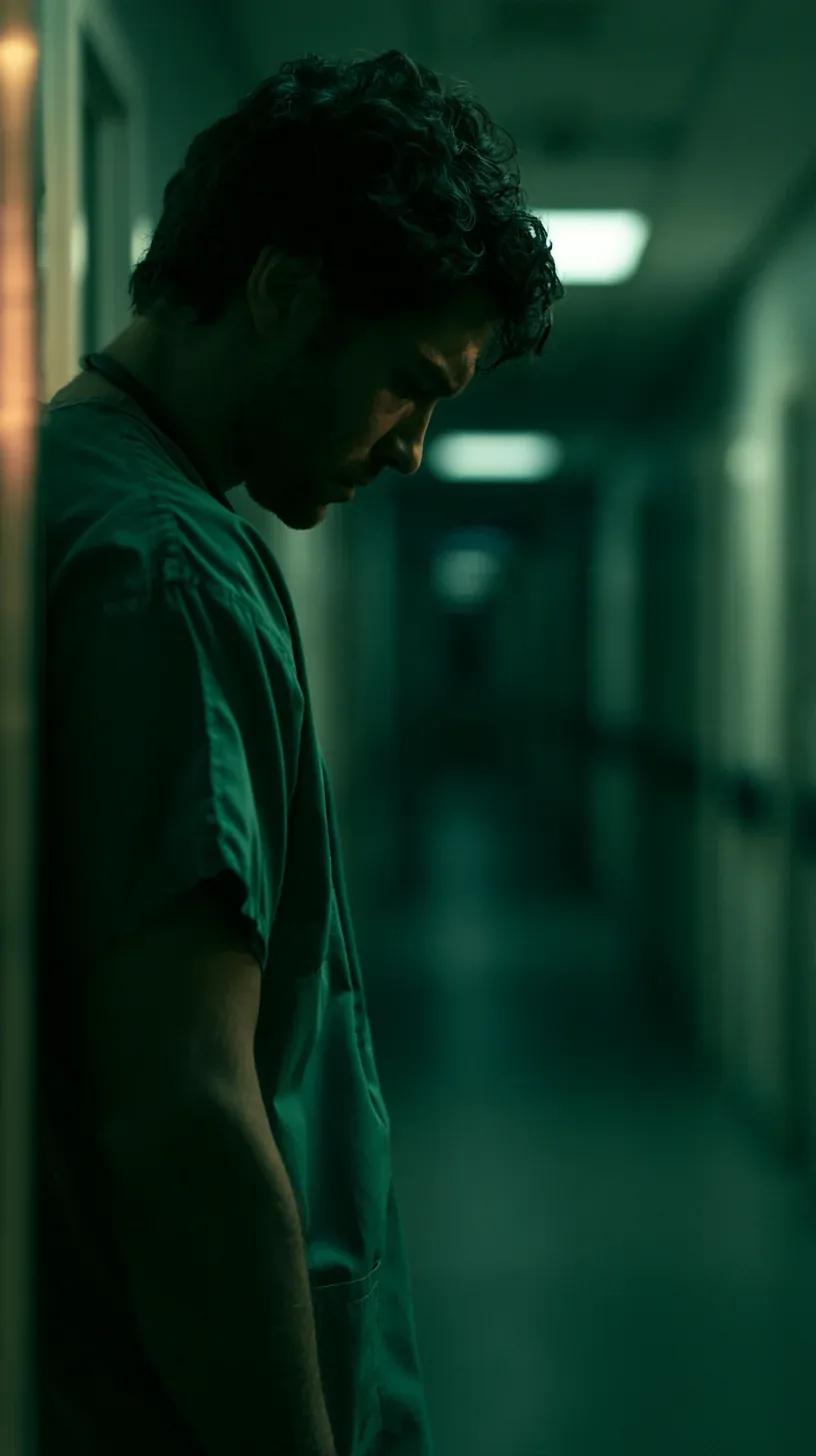 Moody man in green hospital hallway