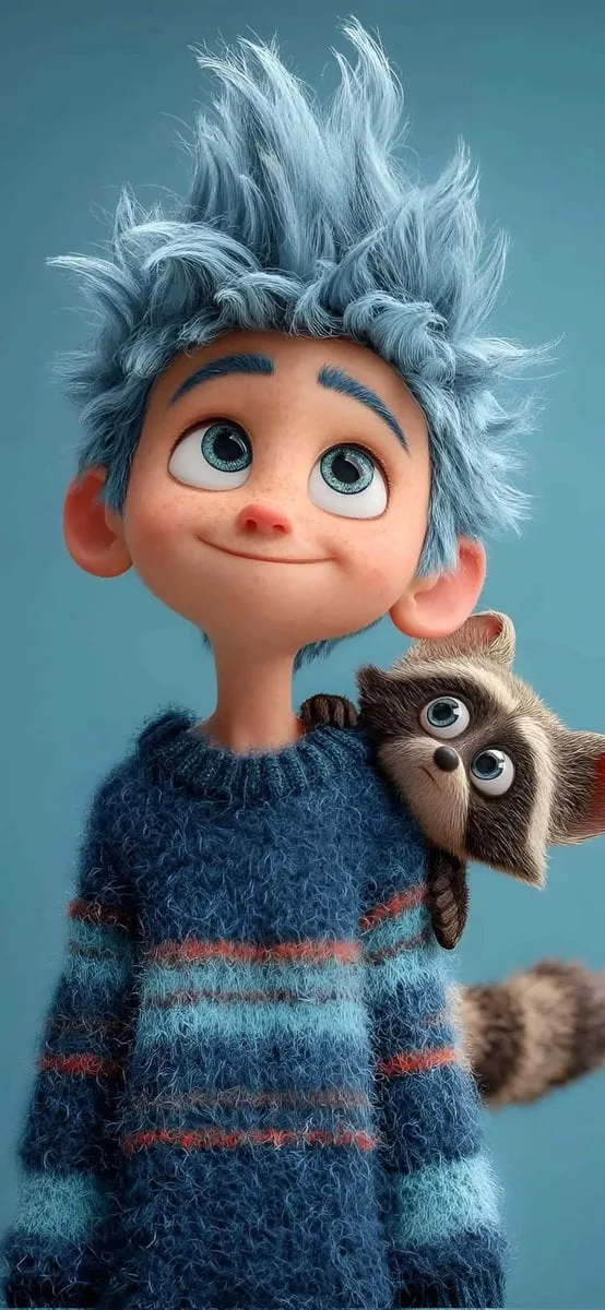 Cute stylized 3D animated boy with blue hair