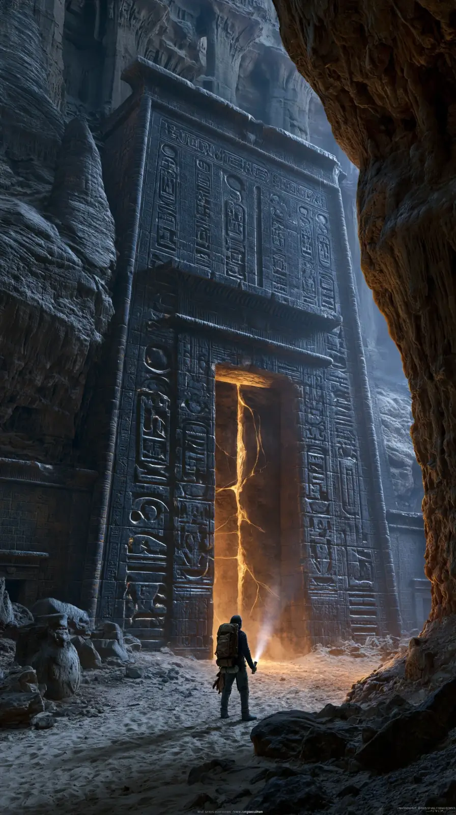 Ancient glowing portal in stone cave