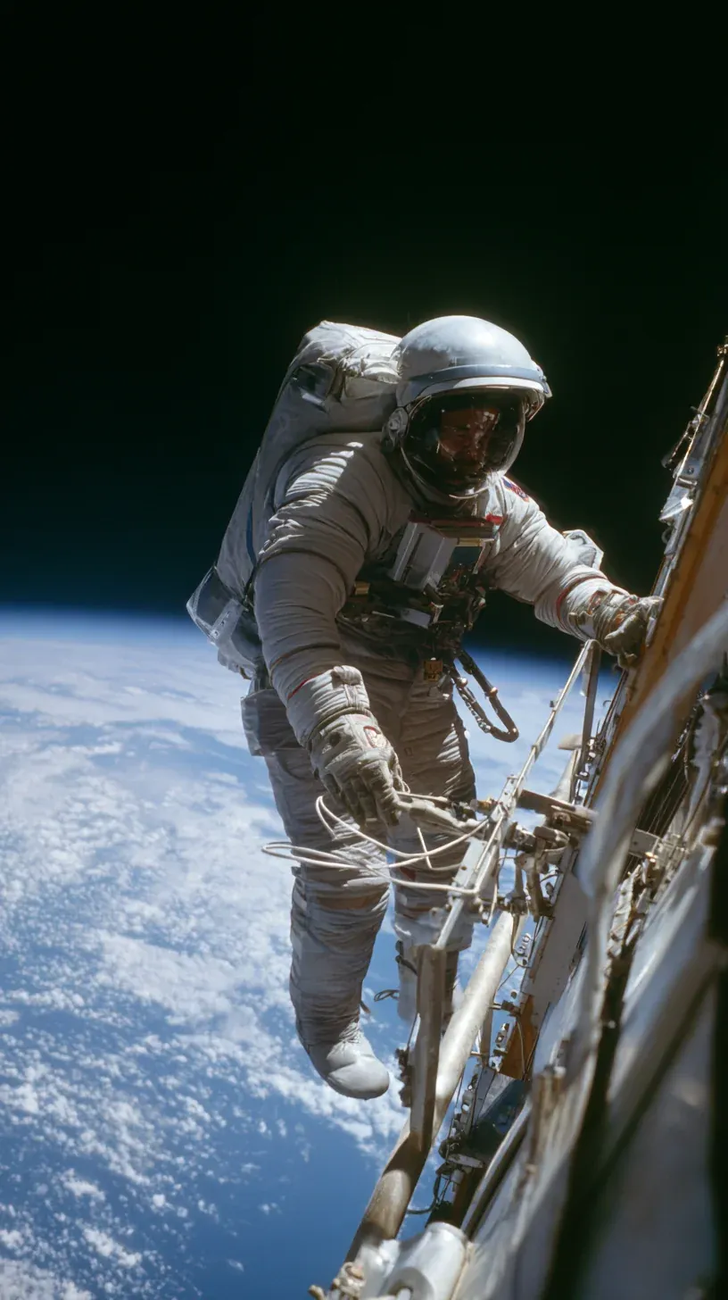 Astronaut repairing spacecraft above Earth