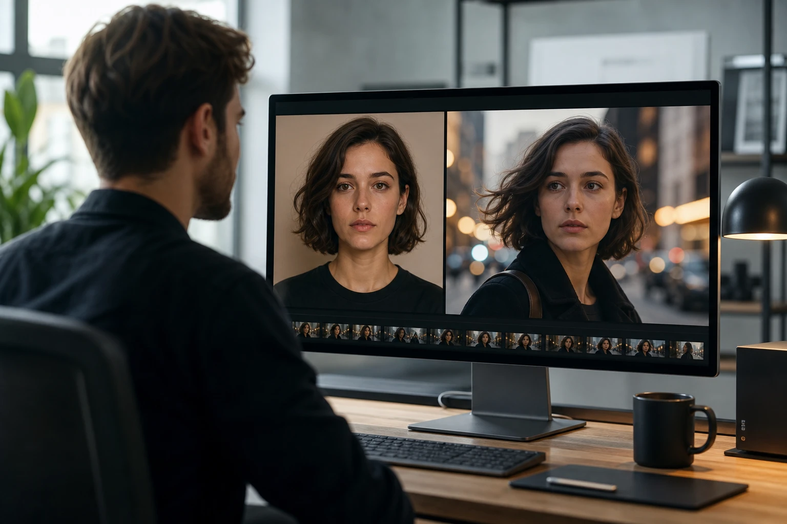Creator reviewing face fidelity on a monitor using the ai video generator from image tool.