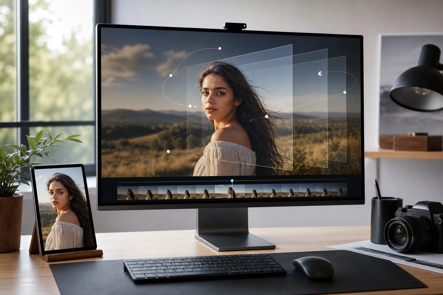 A creator uses PhotoGenerator AI to animate photos with subtle depth and camera movement.