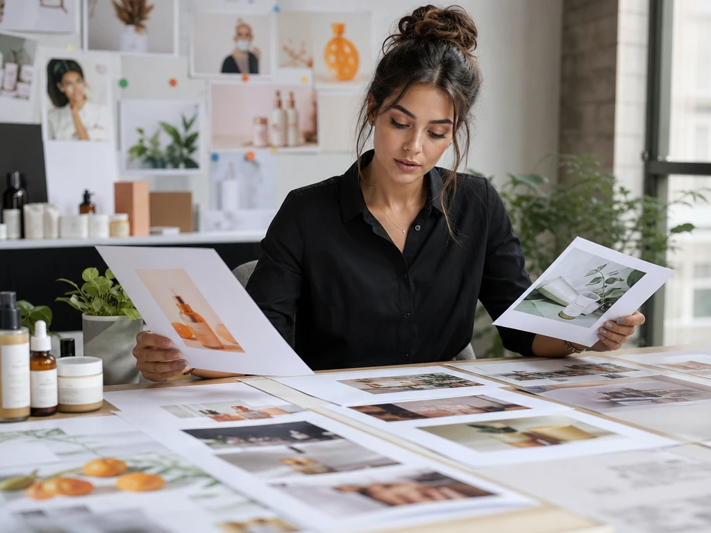 Brand marketer planning change photo perspective ad variants for a campaign board