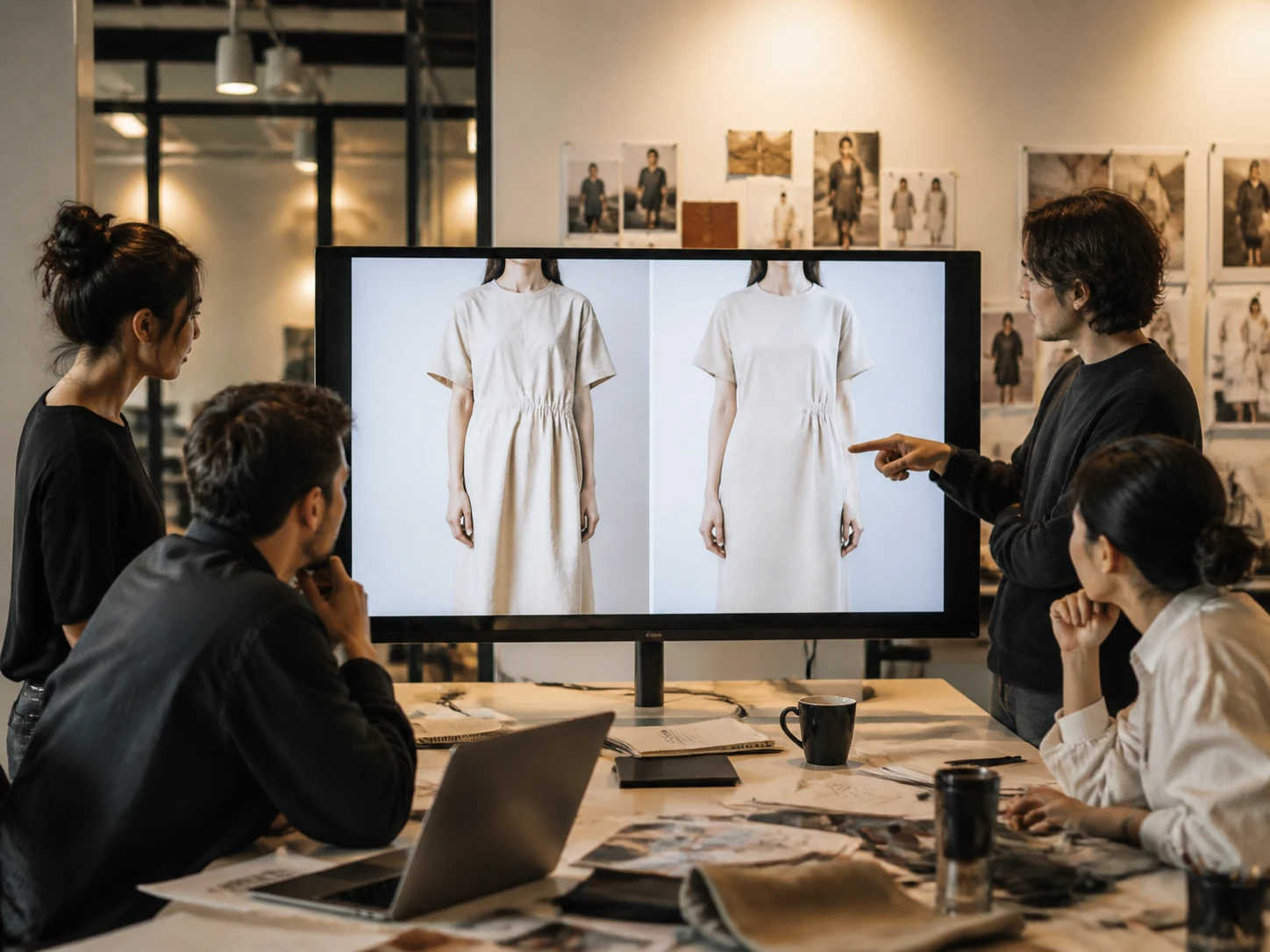 A brand editor preparing campaign visuals with the clothes wrinkle remover applied to garments