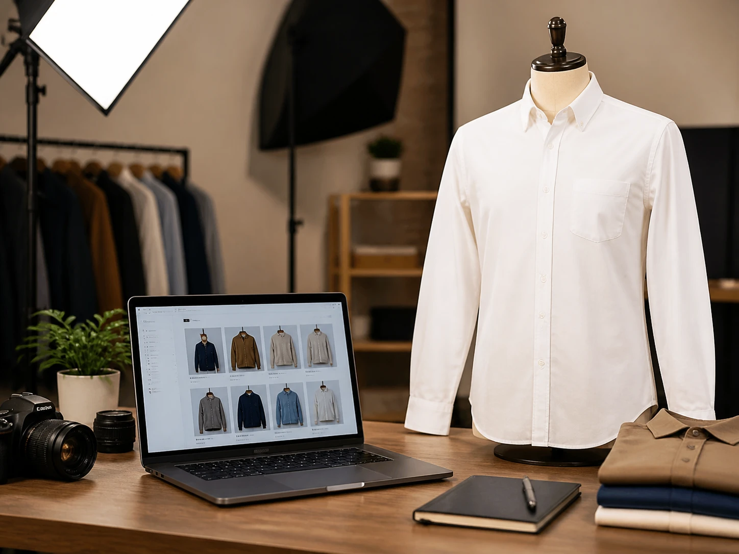 An ecommerce photographer reviewing a garment shot cleaned by the clothes wrinkle remover