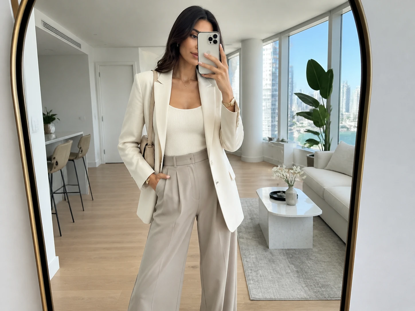 A content creator reviewing an outfit photo processed by the clothes wrinkle remover tool