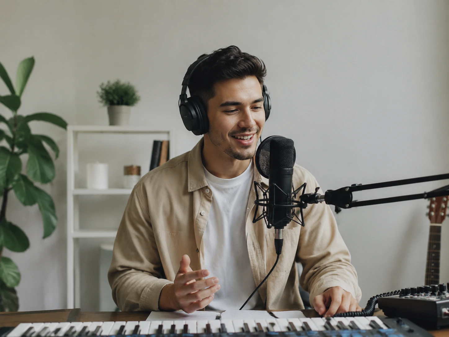 Streamer preparing channel music with ai music generator for live scenes