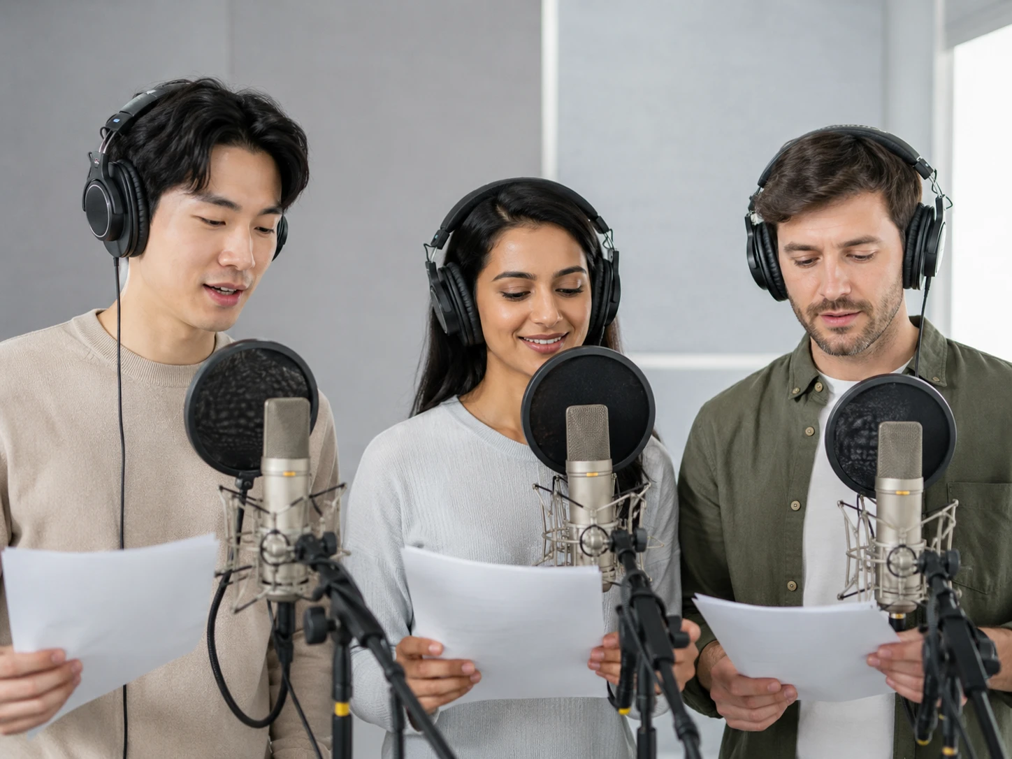 Marketing desk reviewing localized ad reads made through text to speech