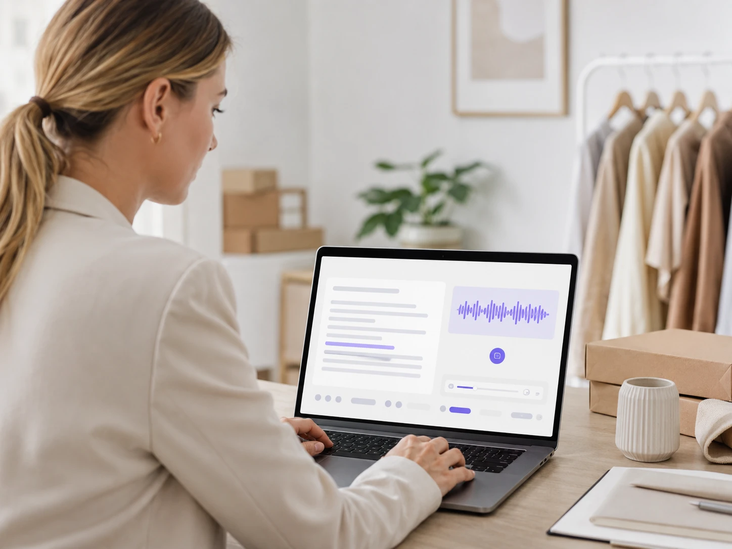 Ecommerce operator preparing SKU voice notes with 文字转语音 for product videos