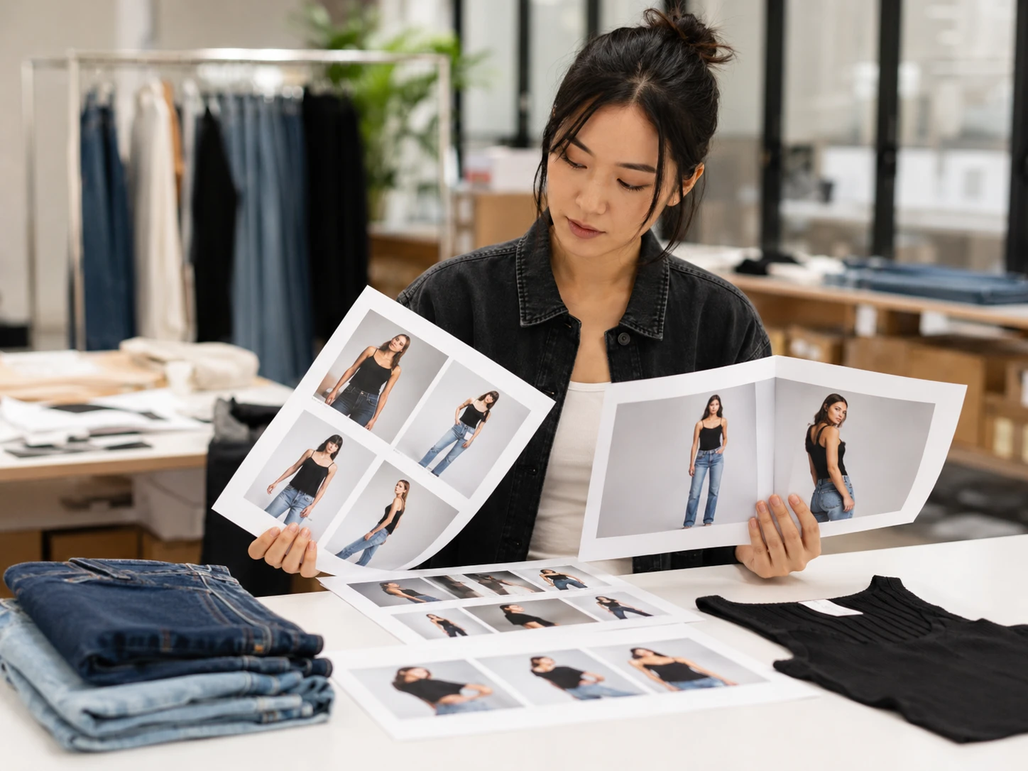 Ecommerce producer reviews a catalog face swap on a product image