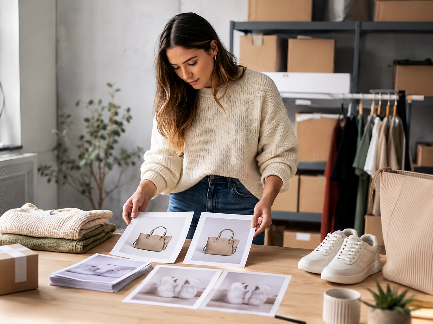 Ecommerce manager checking product images after image upscaler processing