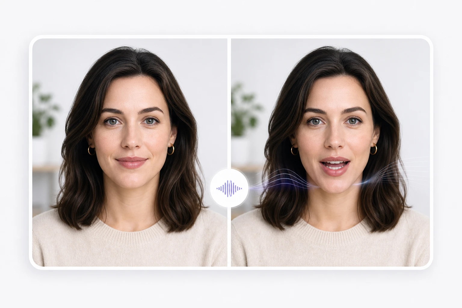 Founder headshot becoming a speaking host with lip sync preview controls visible