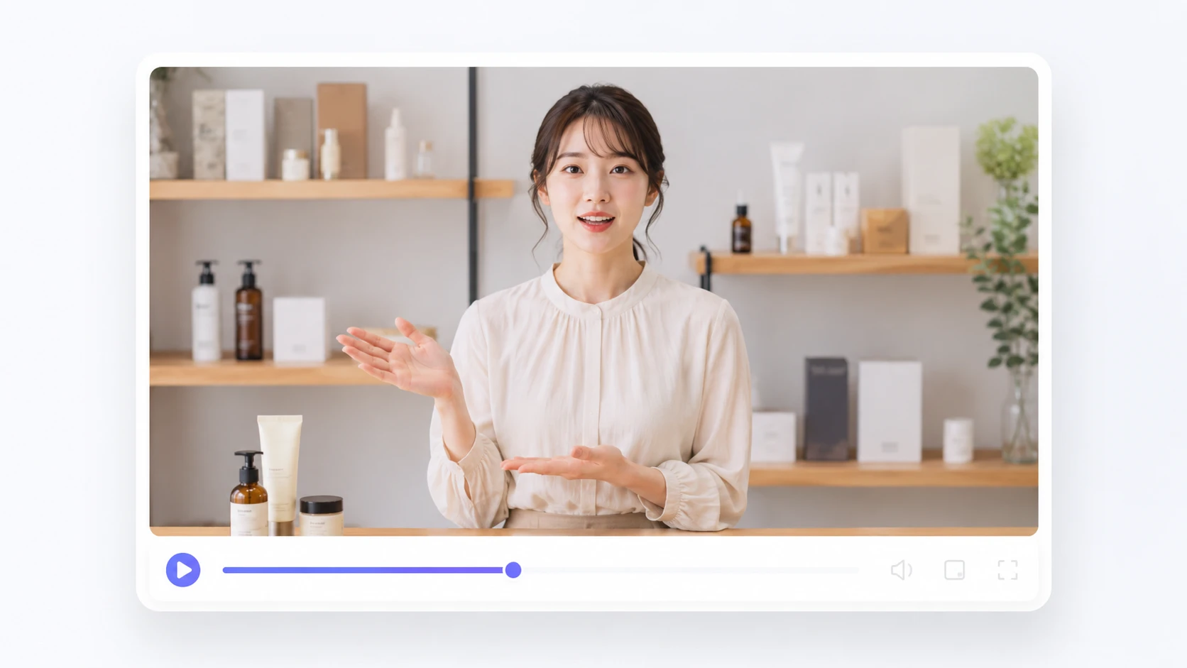 상품 소개 진행자가 립싱크 영상으로 제품 기능을 설명하는 스튜디오
