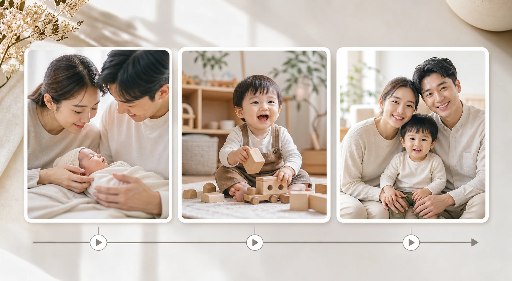 Family milestone photos arranged by time period to make a video with pictures in PhotoGenerator AI