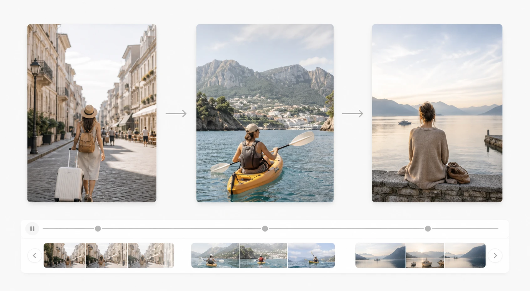 Travel photos ordered from arrival to departure to make a video with pictures on PhotoGenerator AI