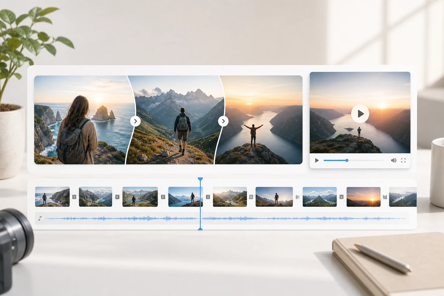 Person arranging travel photos into a story sequence to make a video with pictures on PhotoGenerator AI