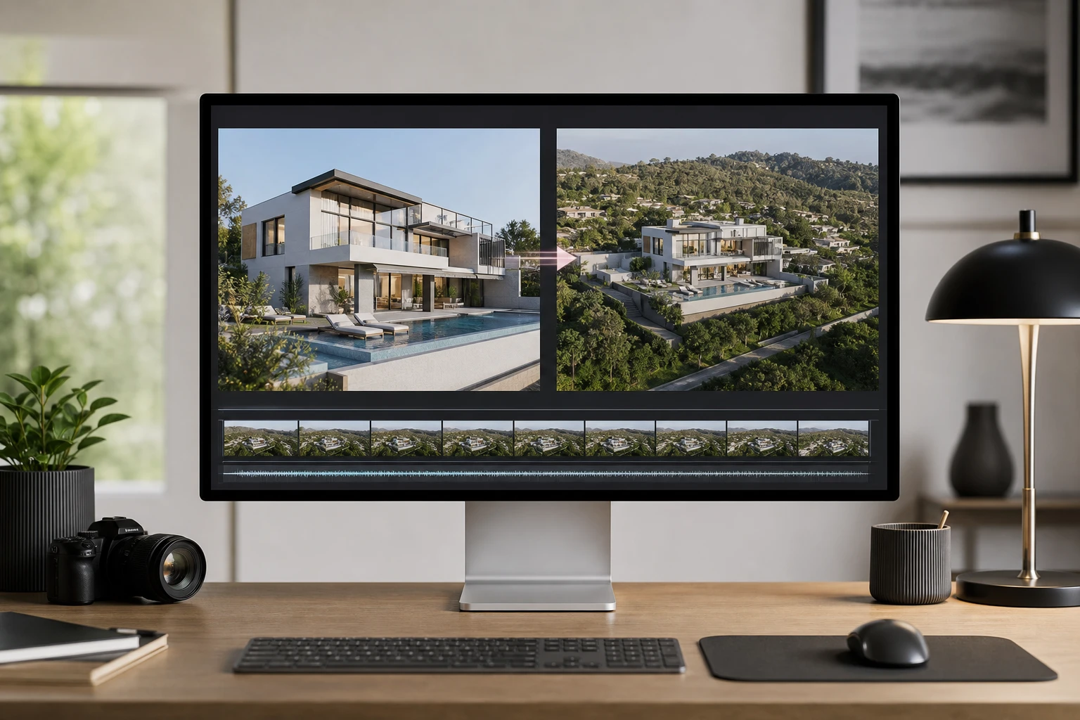 Real estate exterior processed through a photo to video ai system.