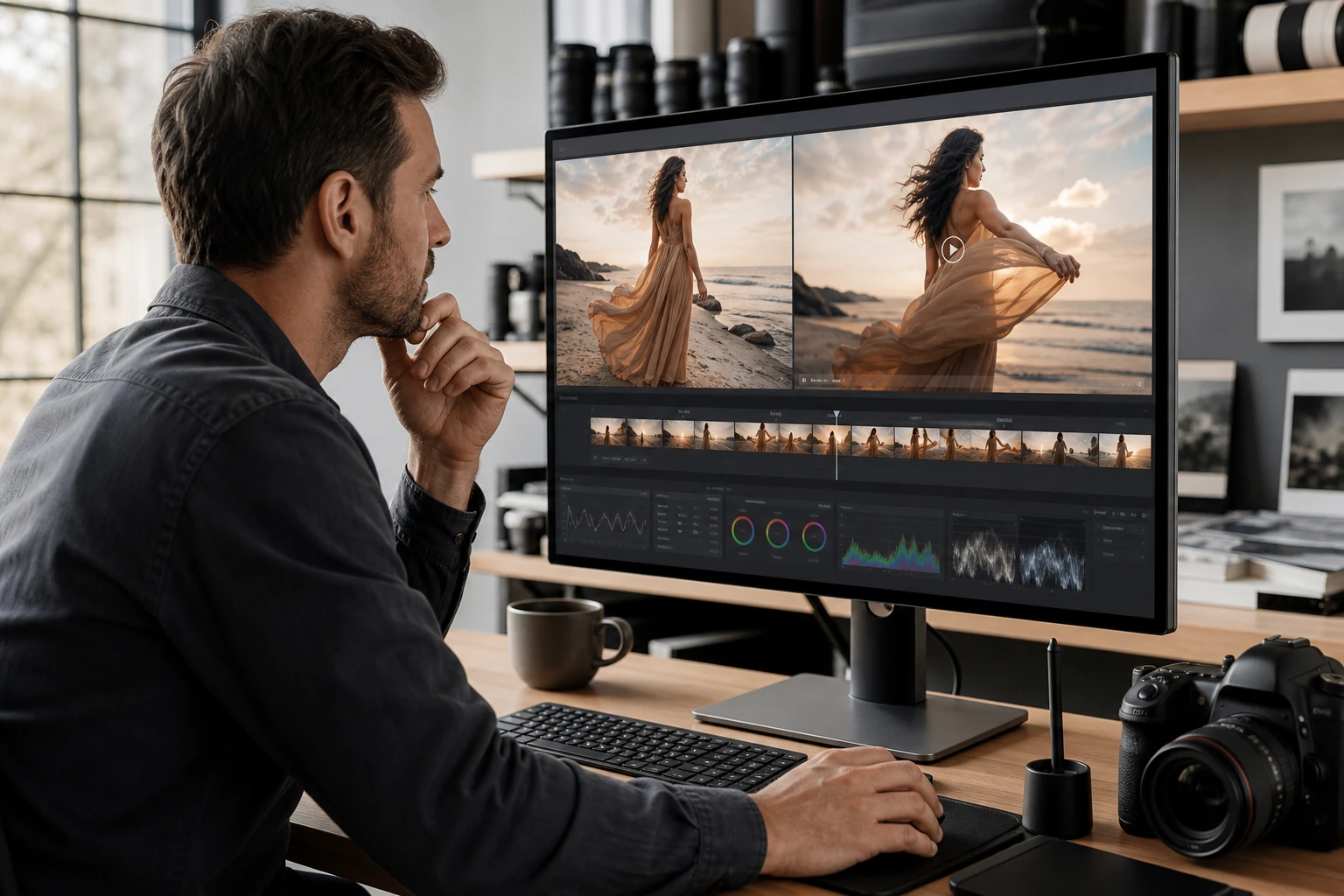 A studio photographer checks a photo to video ai output clip on a monitor.