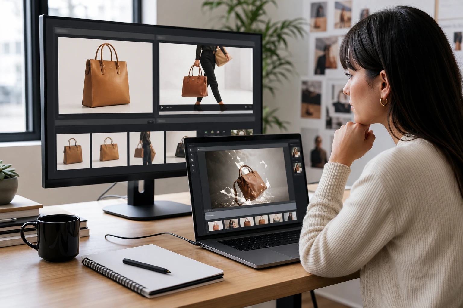 Brand manager reviewing a photo to video ai generation on a screen.