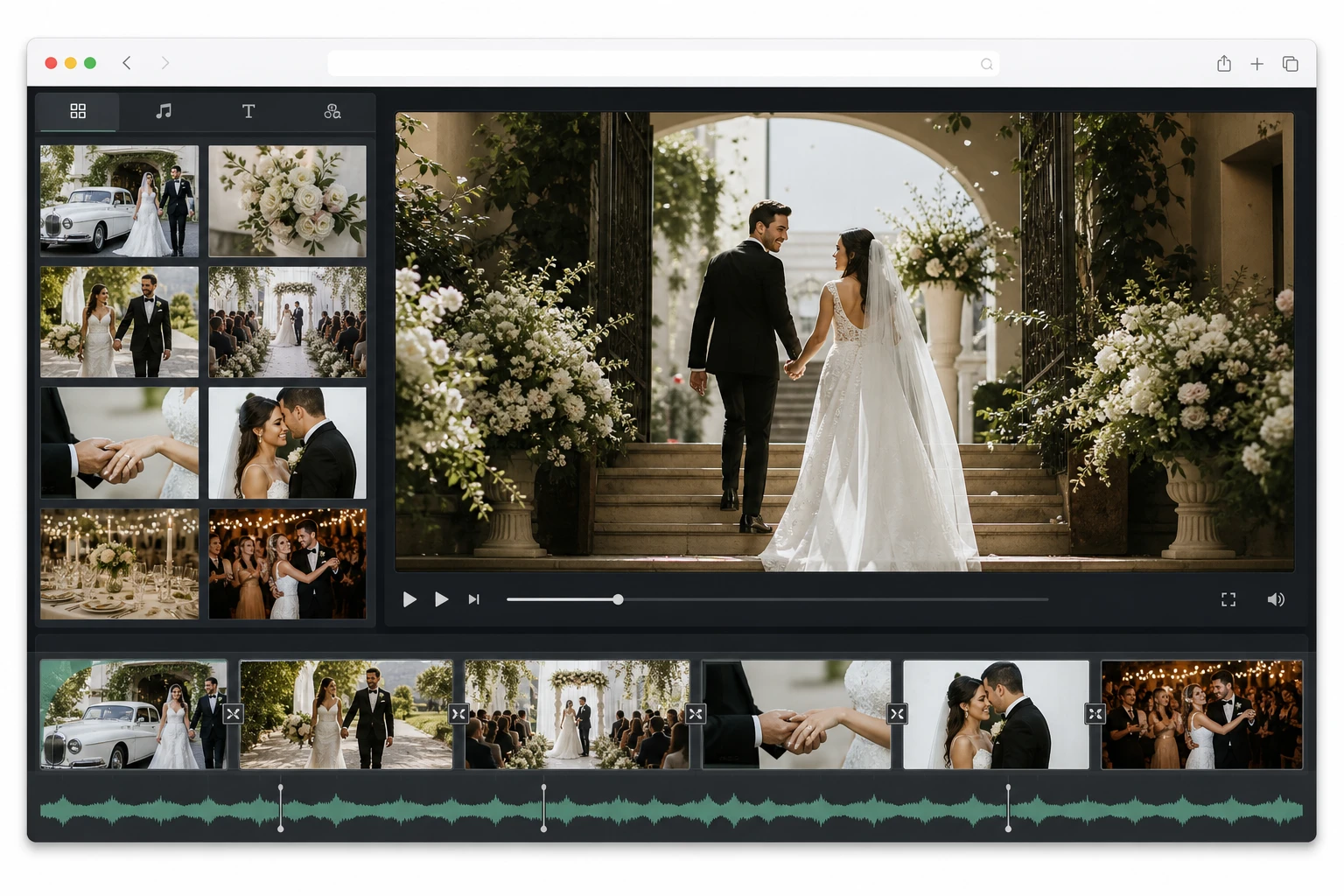 Wedding animated photo album output from photo video maker showing ceremony to reception sequence