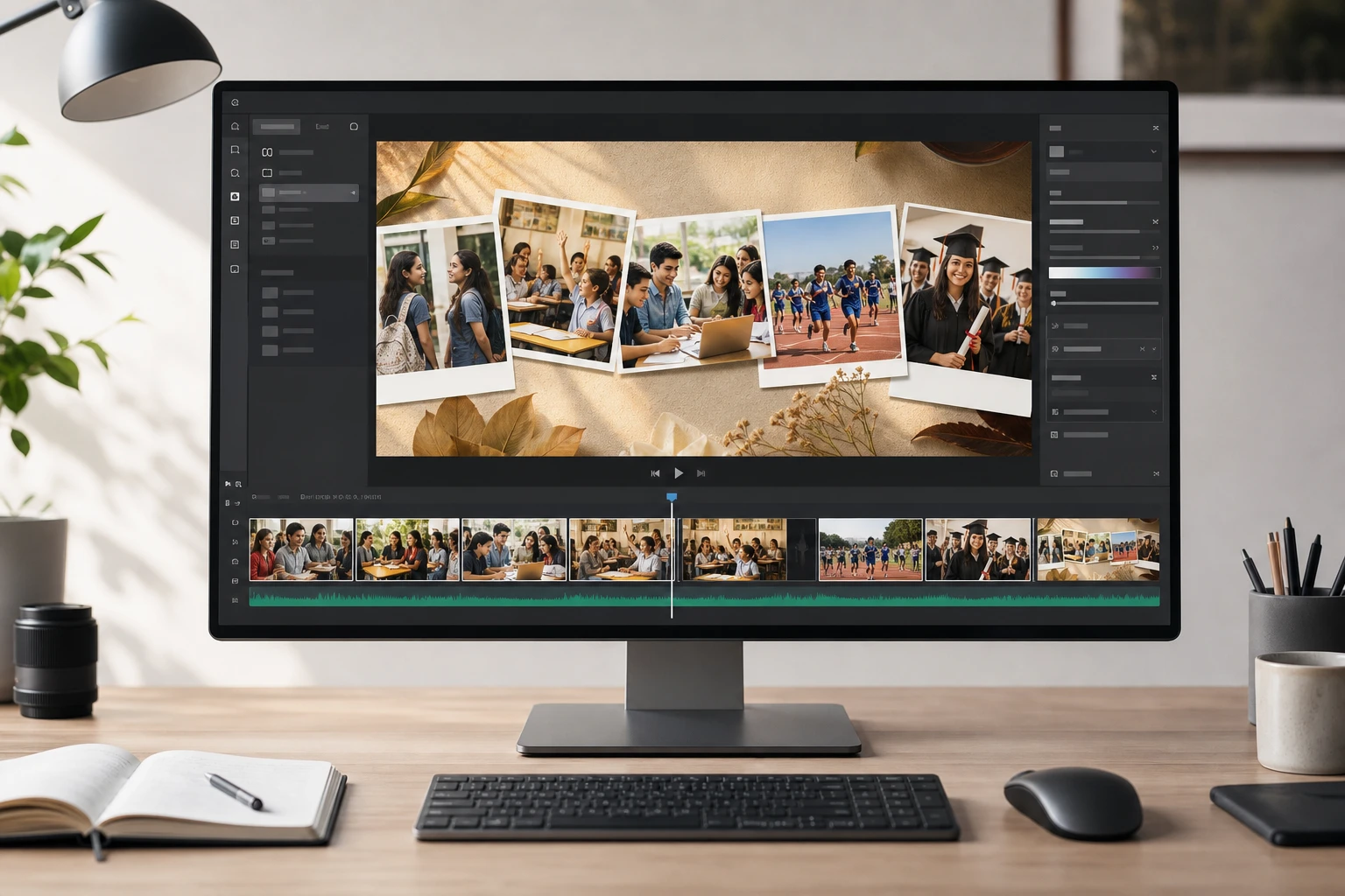 Graduation year photos turned into class memory video using photo video maker with timeline view