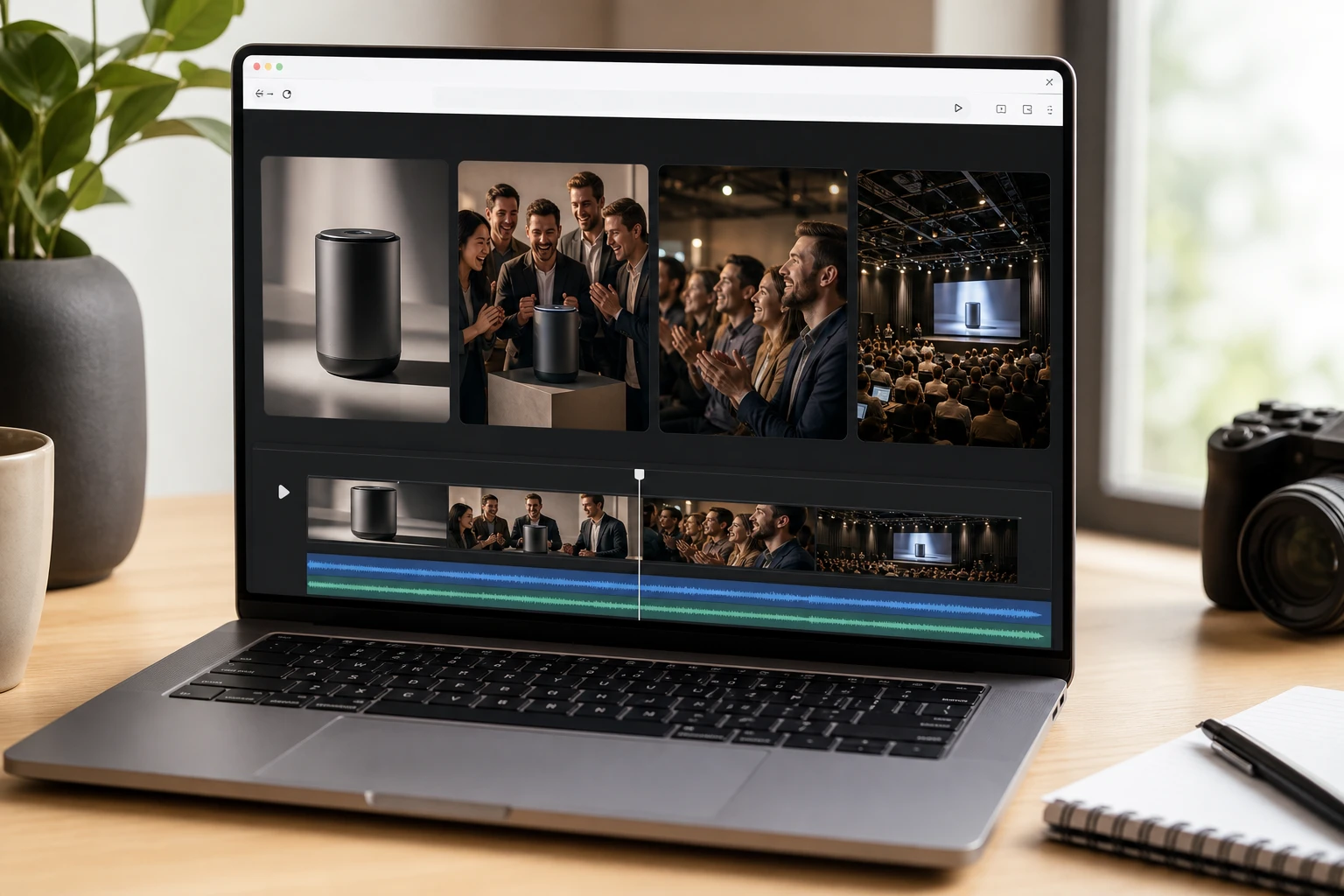 Product launch photos sequenced into recap video using photo video maker with brand event framing