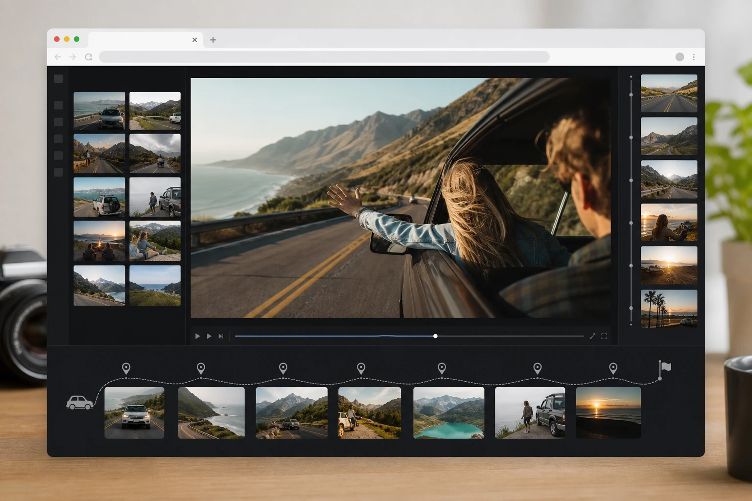 Road trip photos compiled into picture movie using photo video maker with location sequence visible
