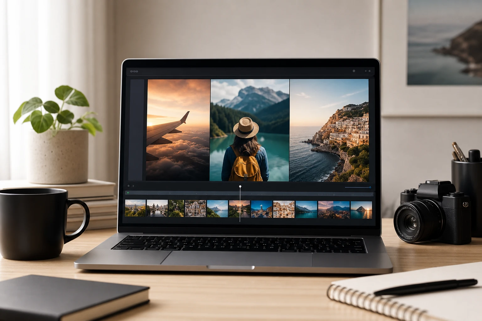 Travel photos arranged into album video using photo video maker with sequence preview open