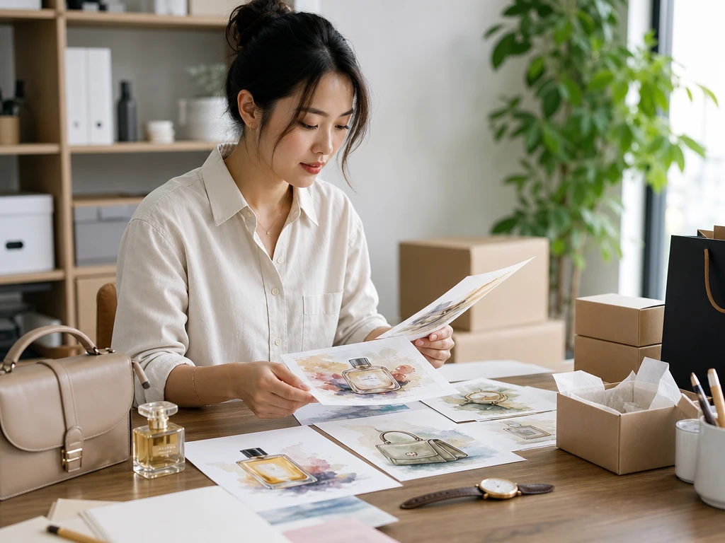 Ecommerce manager reviewing ai art style product tiles for a seasonal catalog