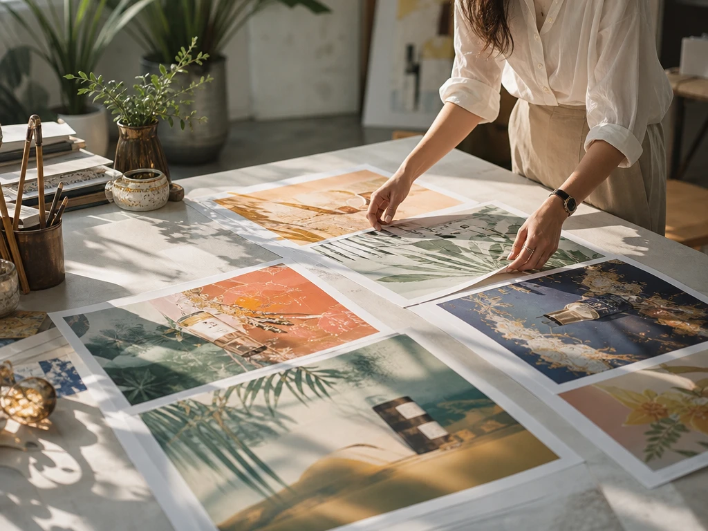 Brand marketer arranging ai art style social posts for a product launch calendar