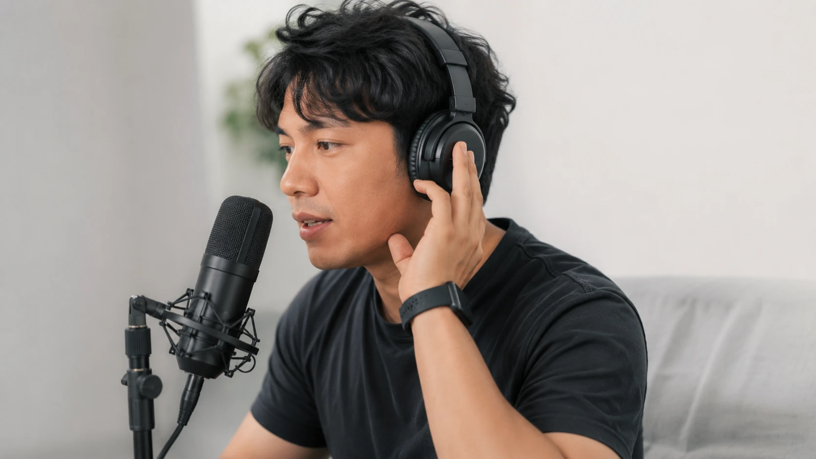 Livestream host testing a robotic preview in a voice changer monitor